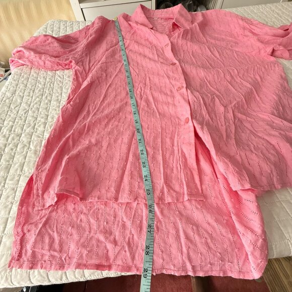 Womens Sheer Pink Button-Up Shirt S Textured Stripe Pattern Long Sleeve - Picture 7 of 9